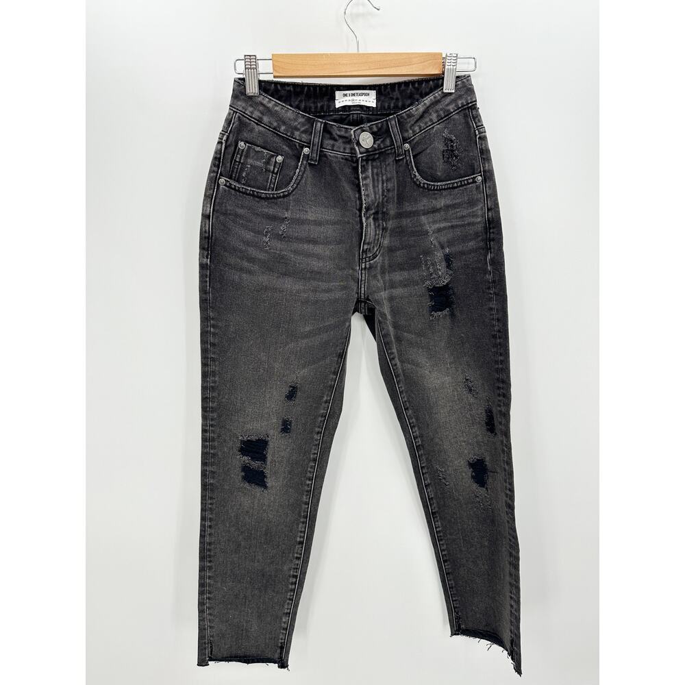 One X OneTeaspoon Womens 26 Black Distressed Straight Leg‎ Raw Hem Jeans BN4